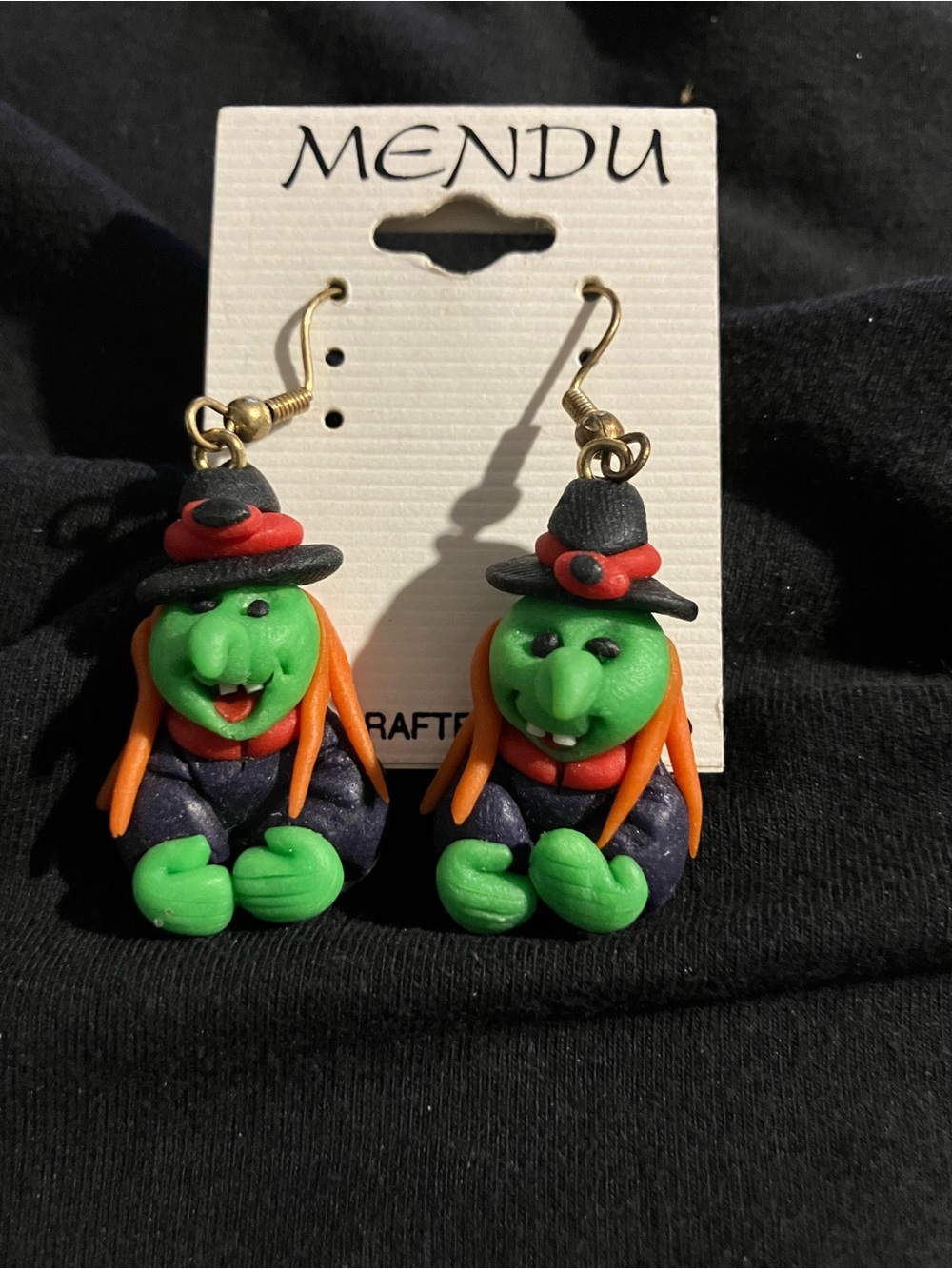Vintage Mendu Polymer Clay Halloween Witch Dangle Earrings